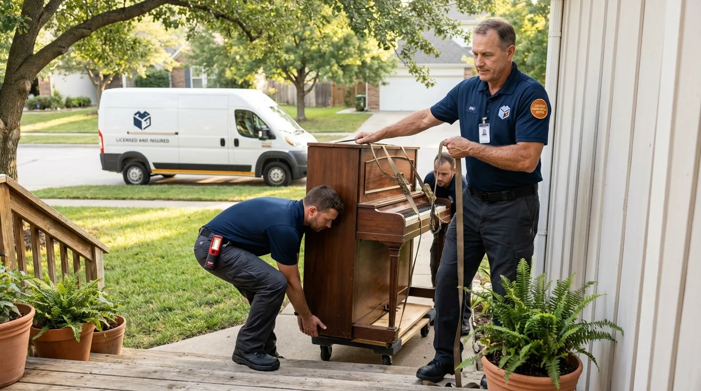 Licensed piano movers securing grand piano in Hertford, NC