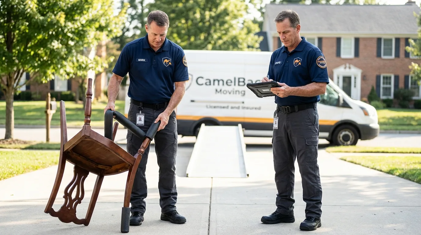Movers inspecting furniture for damage prevention before loading in Hertford, NC